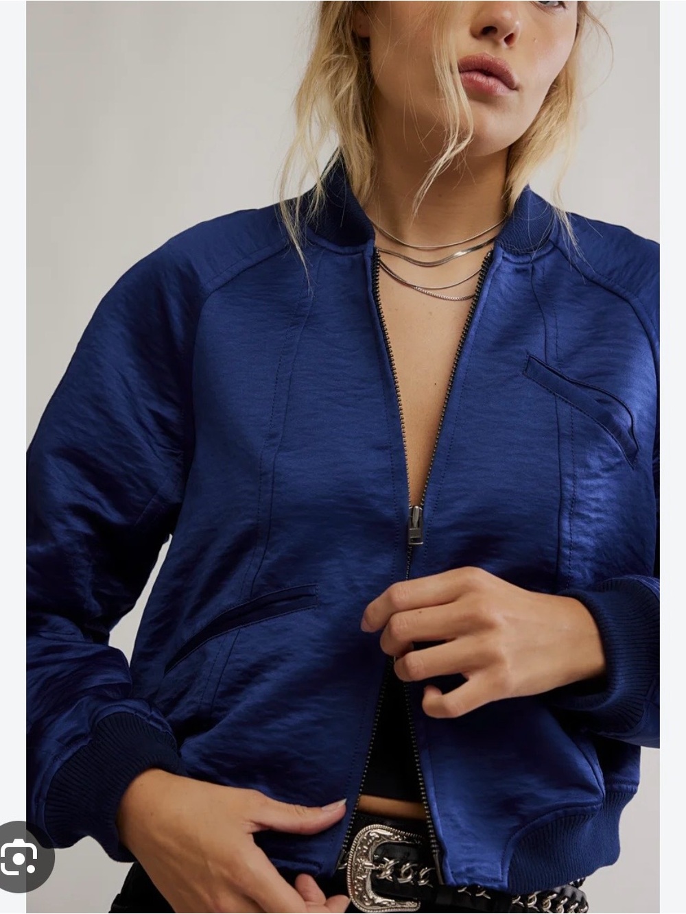 NWT Free People Satin Blue Bomber Jacket